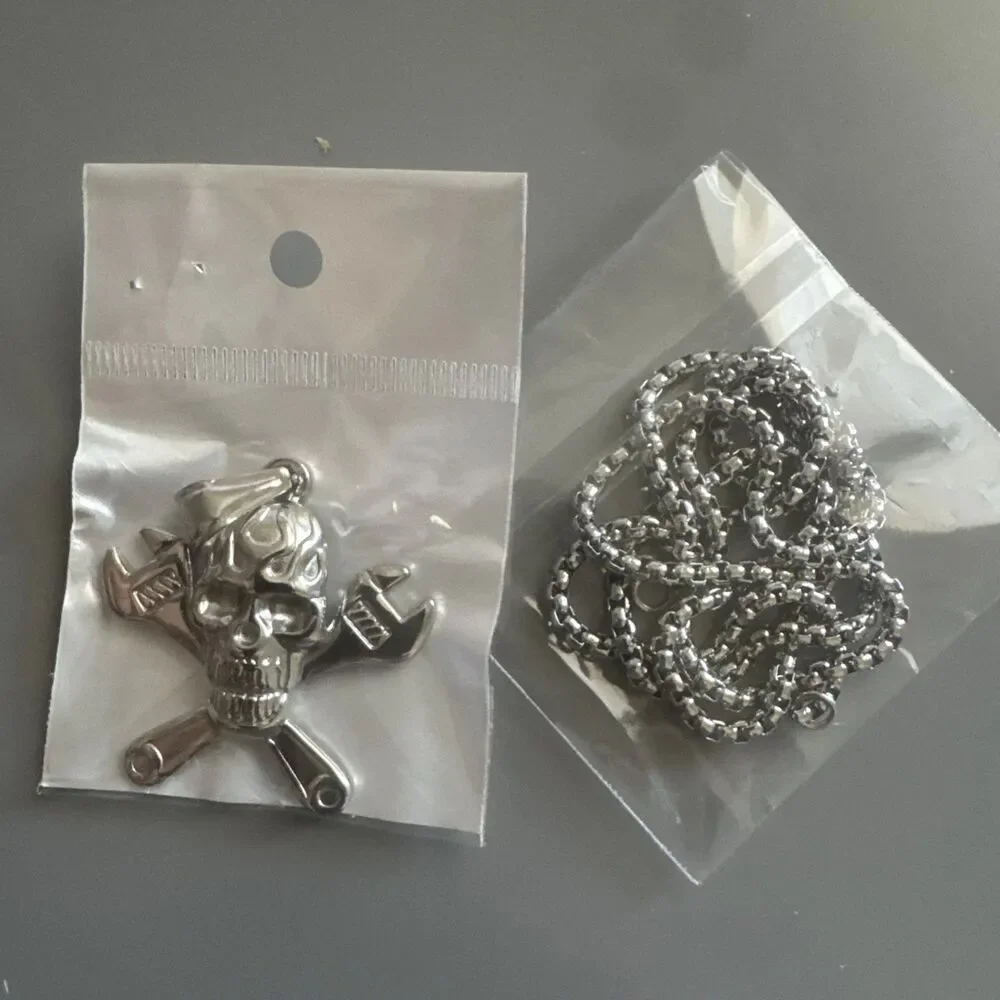Skull Wrench Tools Silver Plated Stainless Steel Pendant 24” Chain Plumber Men’s